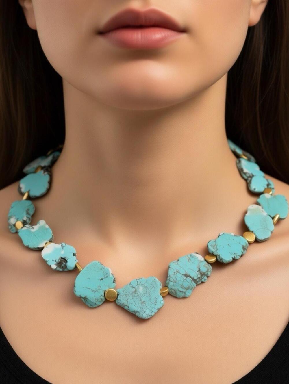 Chunky Turquoise Slab Statement Necklace Boho Southwest Free Form Blue Stone 18”
